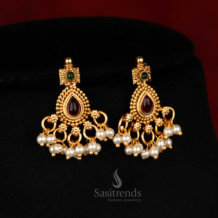 Regal Temple Artistry Matte Gold Plated Earrrings set with Ruby-Green Teardrop Stones and Layered Pearl Hangings – Traditional South Indian Jewellery – Sasitrends