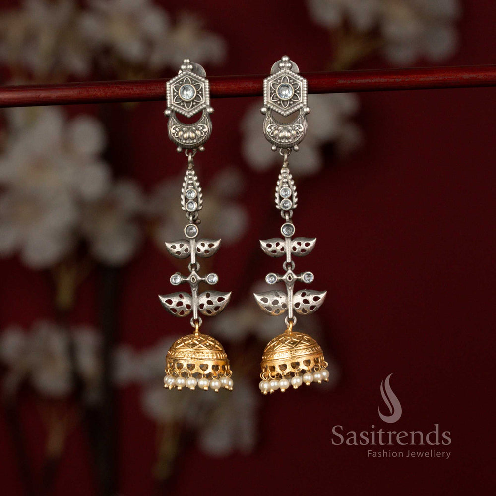 attractive white Dual-tone hexagon oxidised jhumkas with pearl drops for brunches, hangouts, and casual meetups - Sasitrends