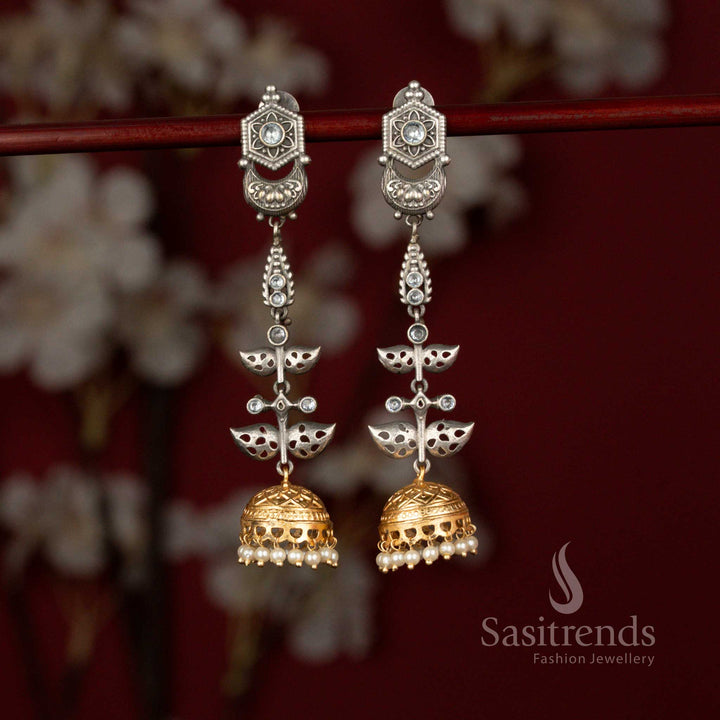 attractive white Dual-tone hexagon oxidised jhumkas with pearl drops for brunches, hangouts, and casual meetups - Sasitrends