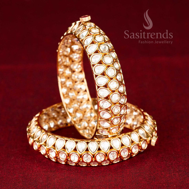 Sasitrends | Magnificent High Gold-Plated Teardrop Kundan Bangles with Premium American Diamond Kundan Stones - Screw Type Openable