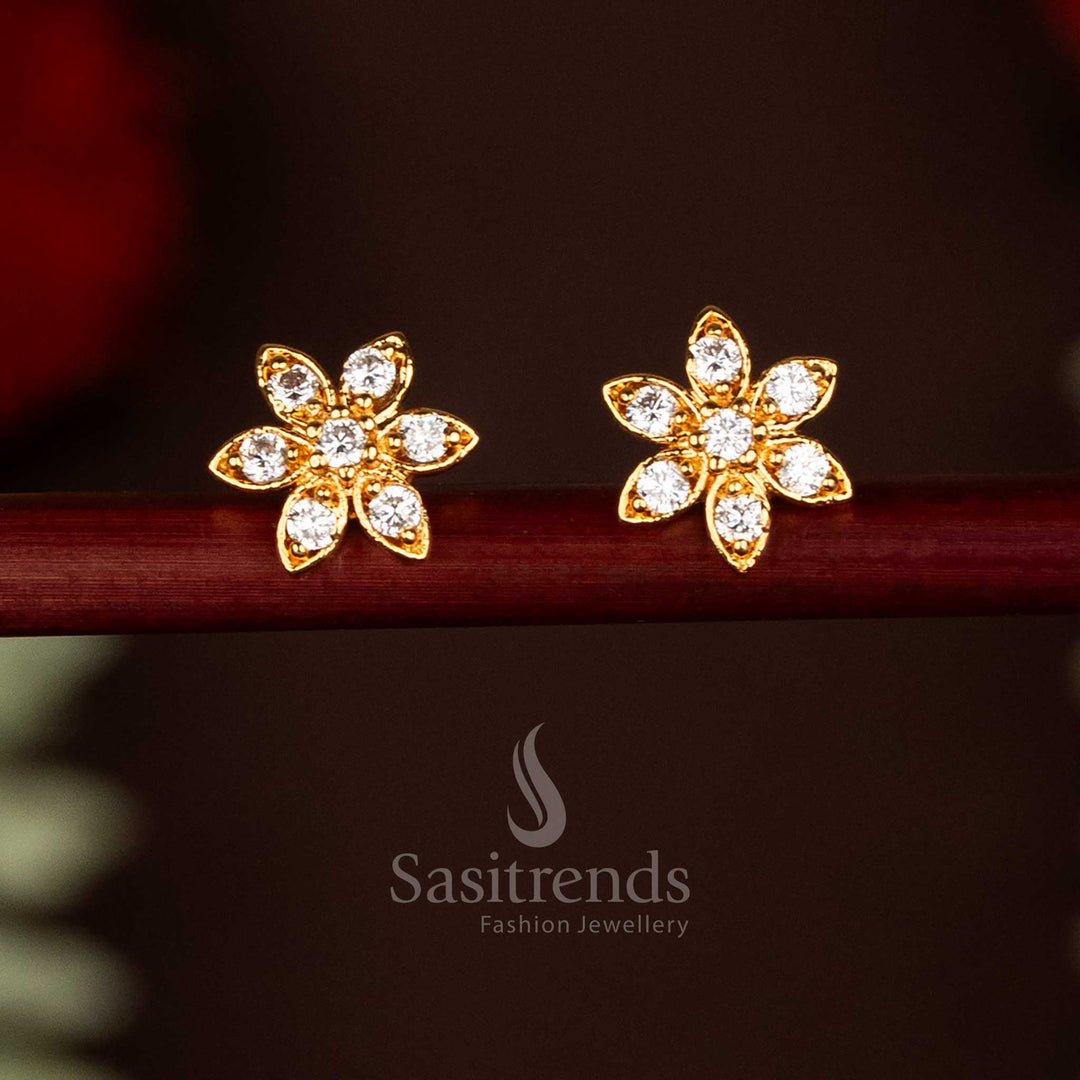 1Guaranteed Impon Addigai Micro Gold Plated AD Stone Six-Petaled Flower Stud Earrings - Sasitrends