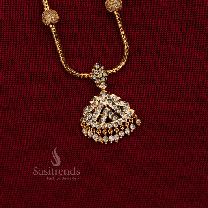 Traditional Sasitrends Impon Attigai micro gold plated white AD stone necklace featuring structured rope chain and layered fan design with dangling detailing