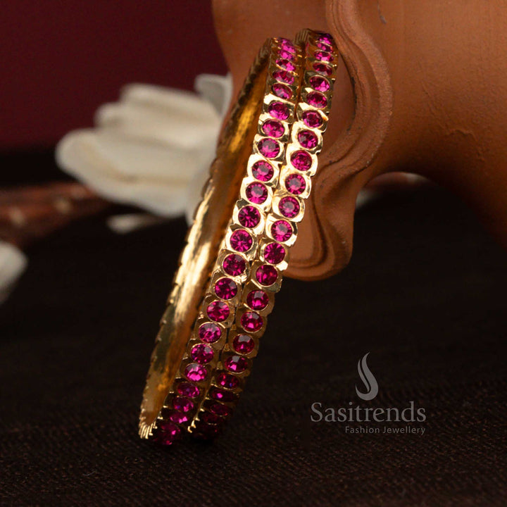 Elegant Impon Gati Addigai Micro Gold Plated Scalloped Notched Round Stone Bangles – Guaranteed