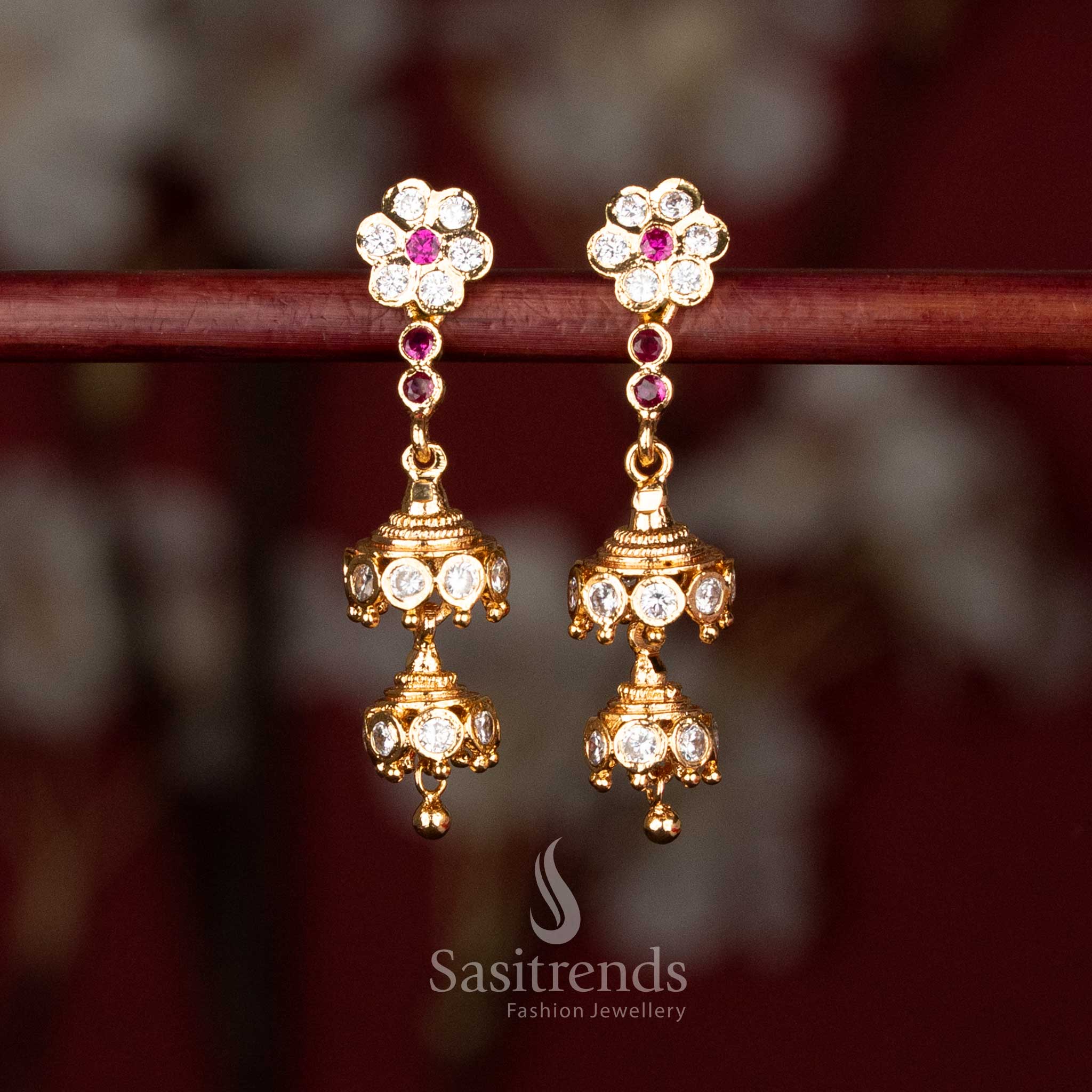 Traditional floral double layered Impon gold plated jhumka earrings with real-gold shine – Sasitrends