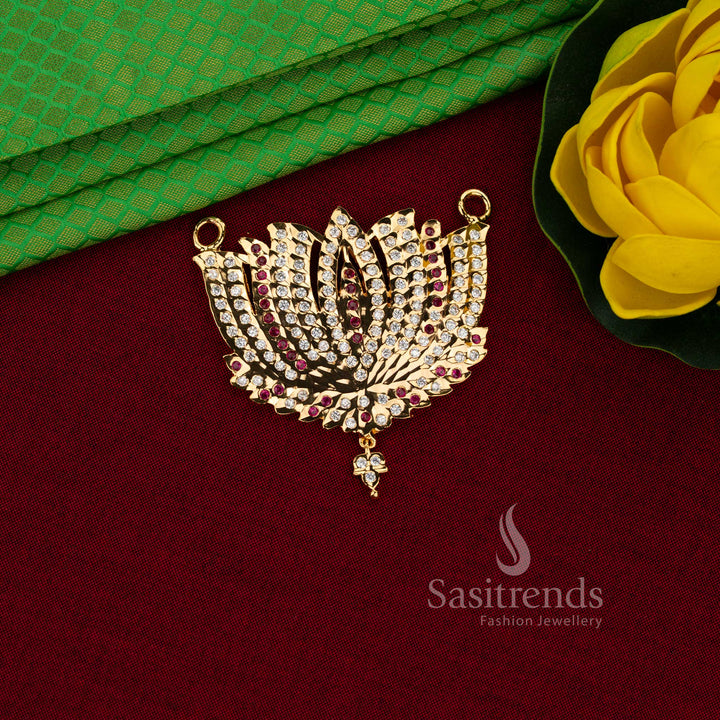 Majestic Impon Micro Gold Plated Crown Lotus Tri-Leaf Bud AD Stone Pendant – Guaranteed One Gram Jewellery