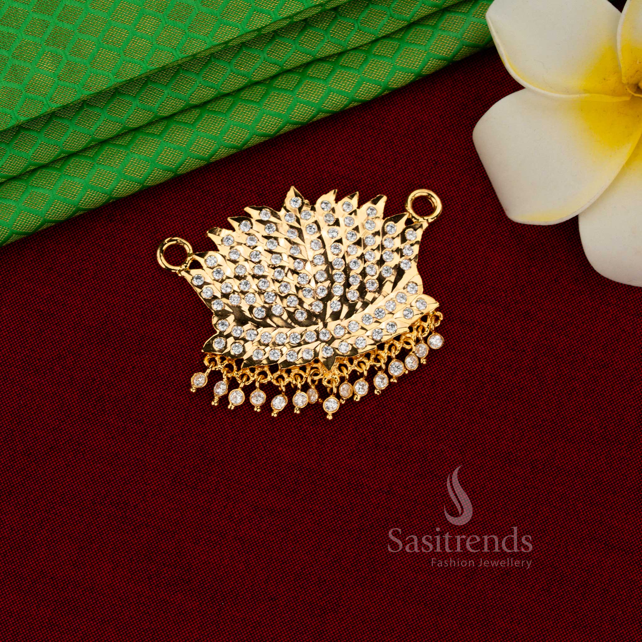 Radiant lotus crescent impon micro gold plated AD stone pendant white ideal for poojas, weddings, and traditional celebrations – Sasitrends