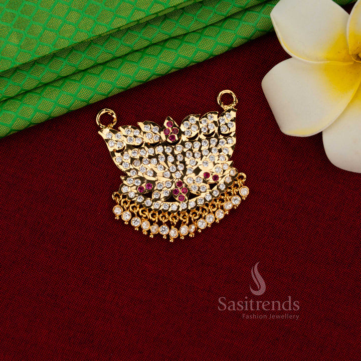 Guaranteed Impon Micro Gold Plated Lotus Floral AD Stone Pendant with Ghungroo Beads – Traditional Wear