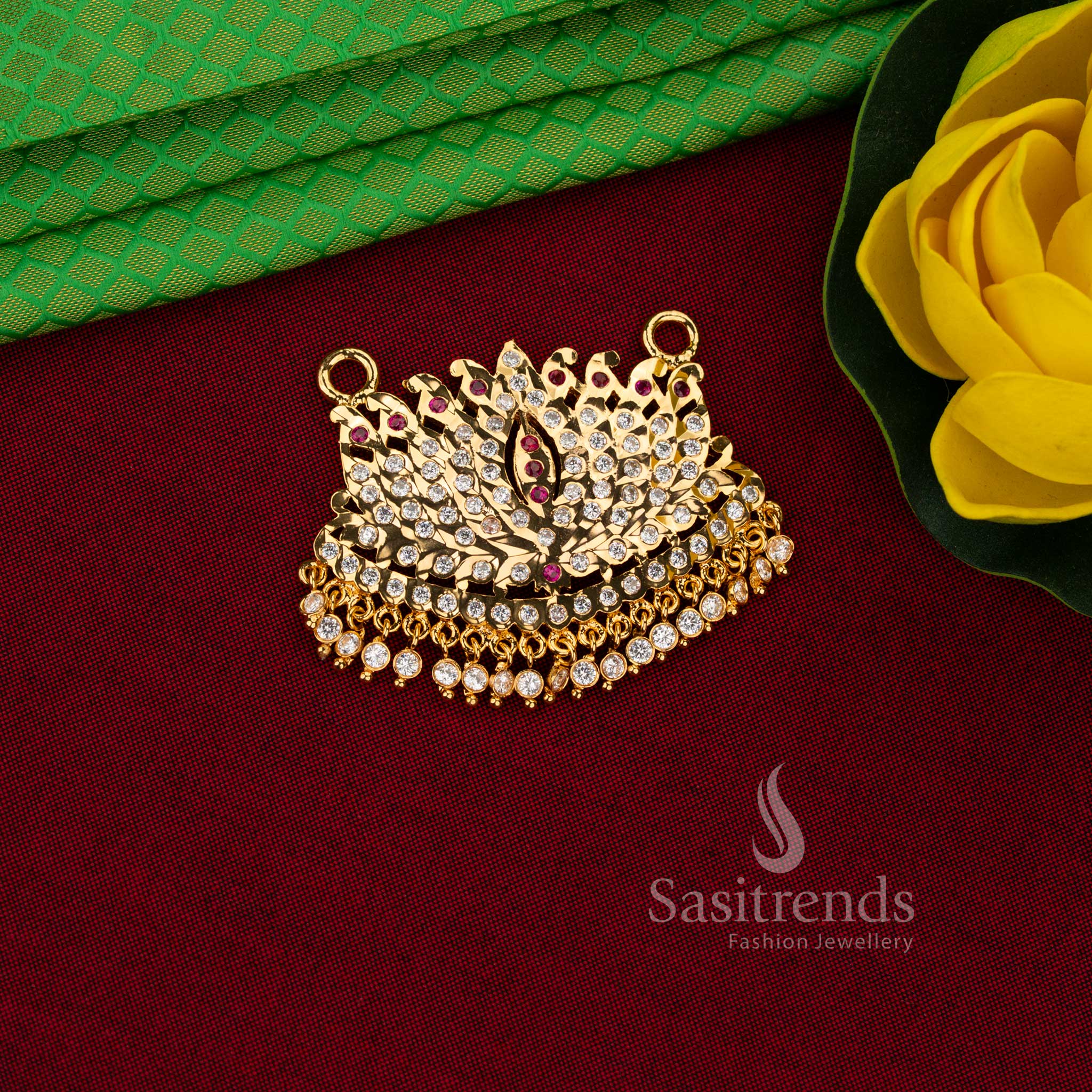 Impon micro gold paisley chand-bali lotus AD pendant with hanging drops - Sasitrends