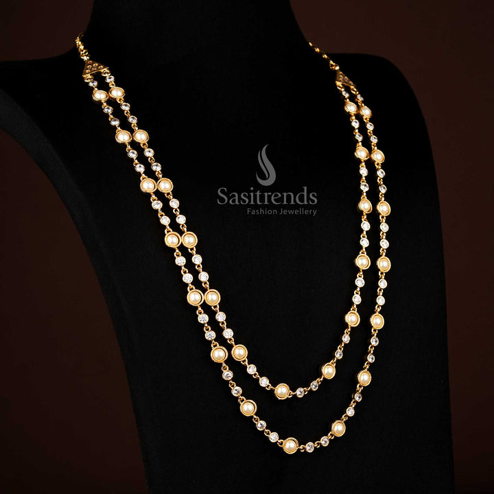 Guaranteed Impon Panchaloha Micro Gold Plated Double Strand Pearl Layered Long Chain Necklace - Look Like Real Gold