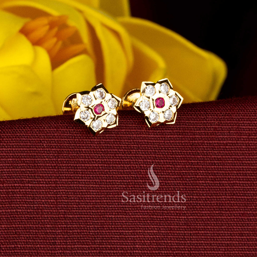 Impon micro gold plated lotus cut floral AD screw stud earrings – Sasitrends