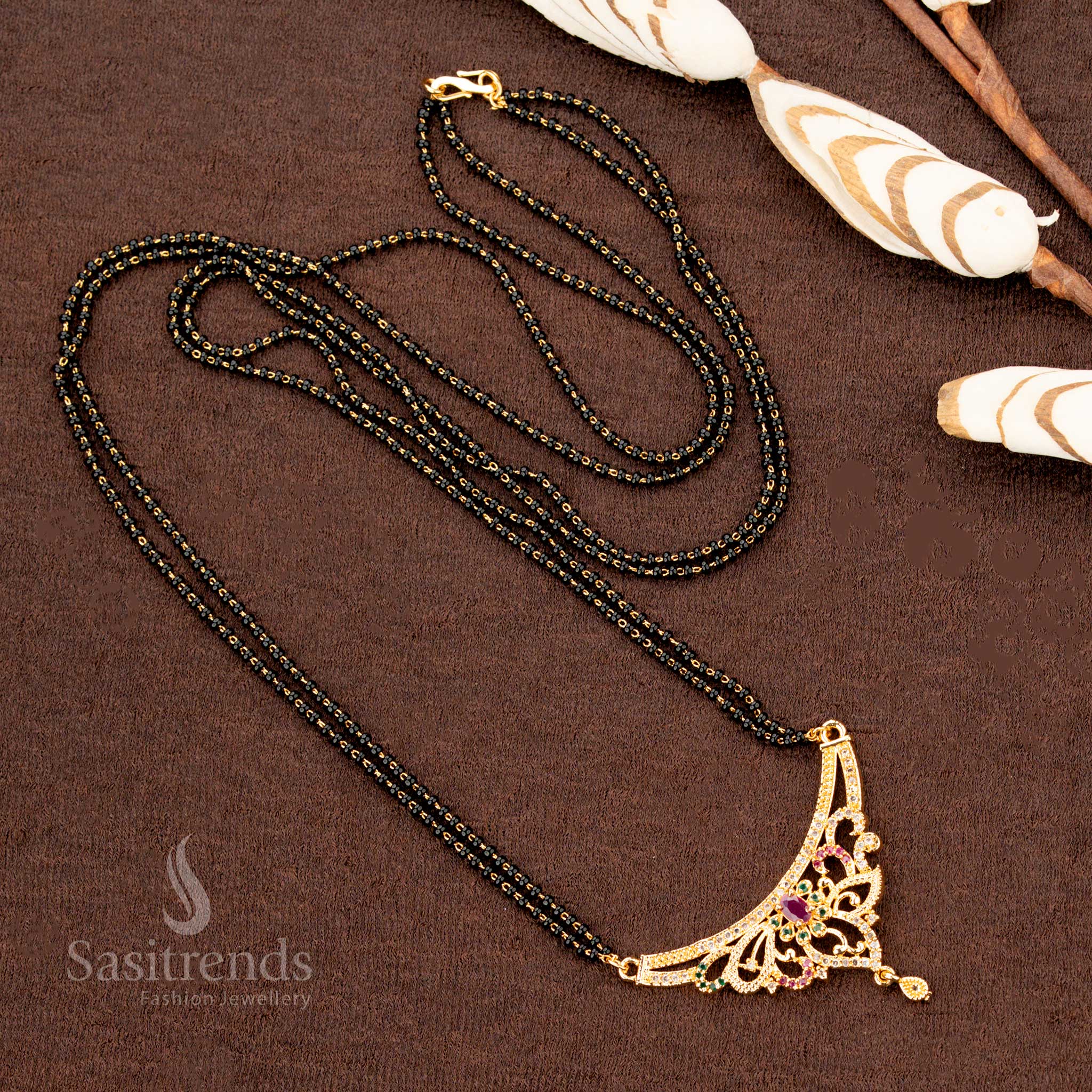 Grand micro gold plated Mangalsutra chain with black beads, beautifully adorned with American Diamonds, an ethnic jewellery statement piece - Sasitrends