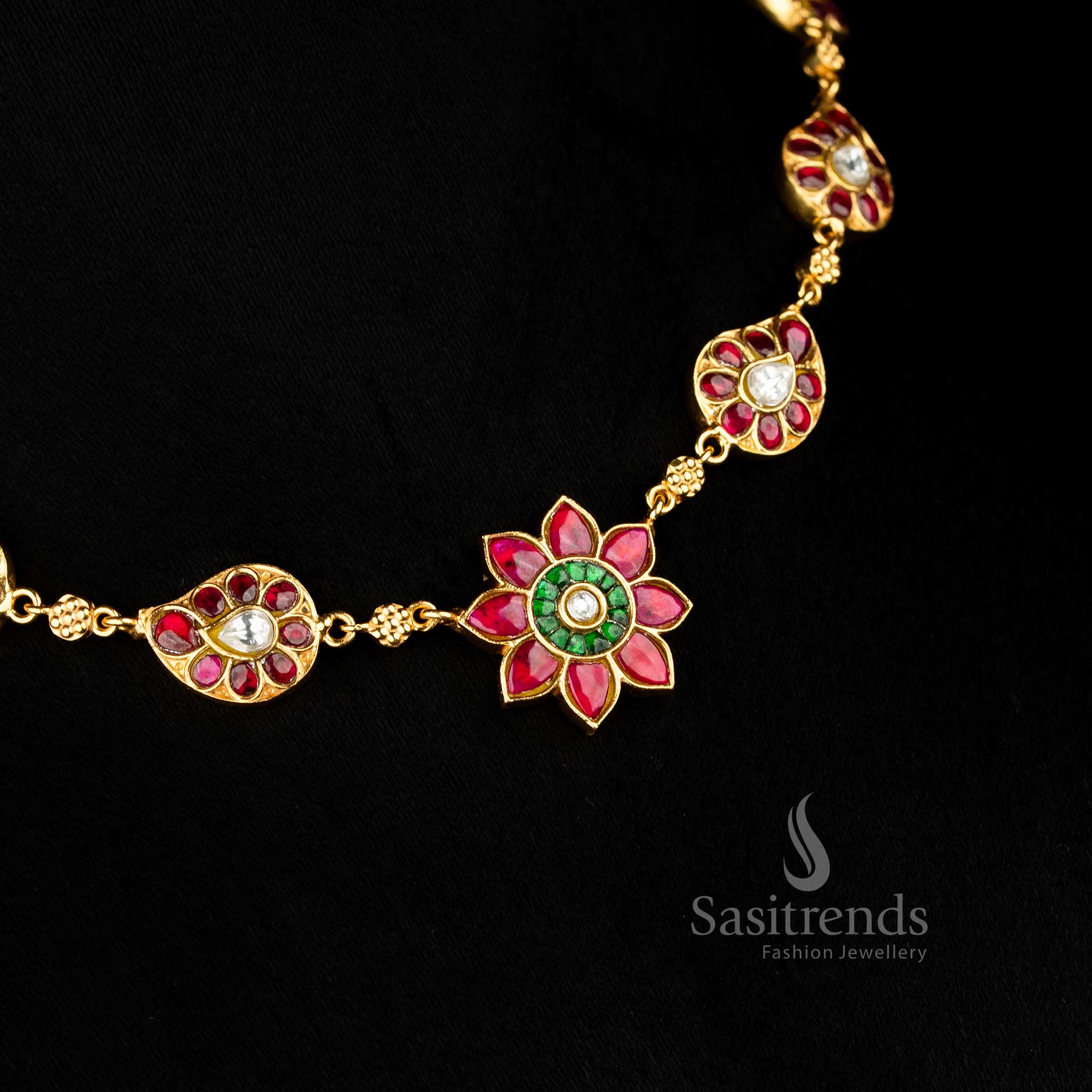 Splendid Jadau 24K gold plated paisley and floral motif necklace, ideal for ceremonial occasions, weddings, and festive saree styling – Sasitrends