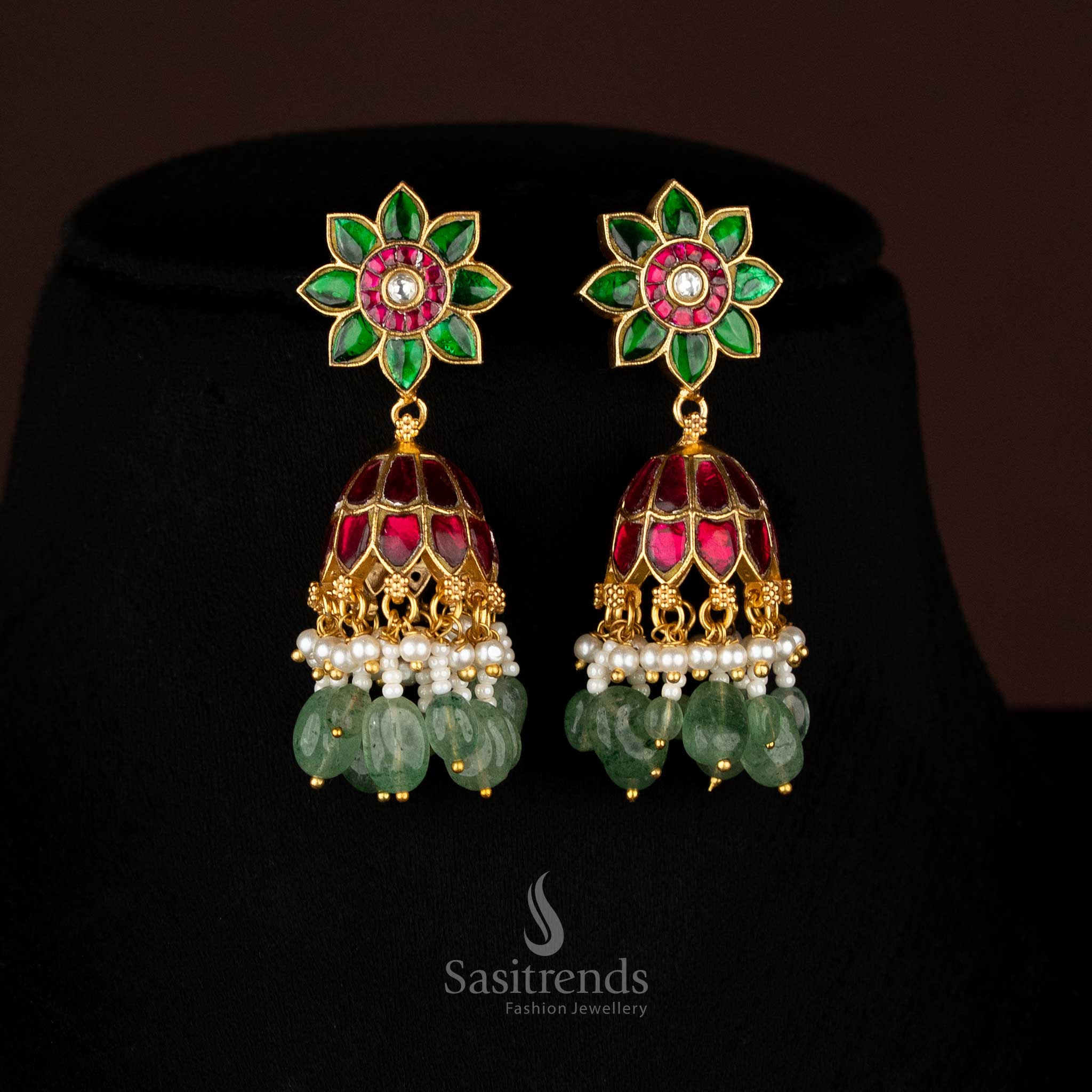 Gold plated Jadau floral Kundan jhumka earrings with intricate Bugadi detailing – Sasitrends