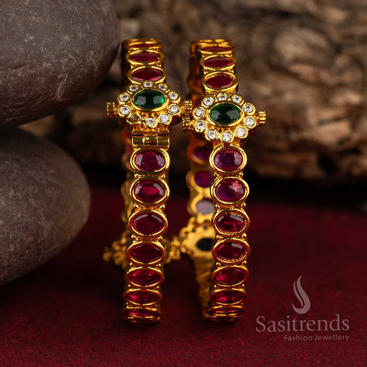 Sasitrends | Matte Gold-Plated Kemp AD Stone Studded Traditional Temple Bangles