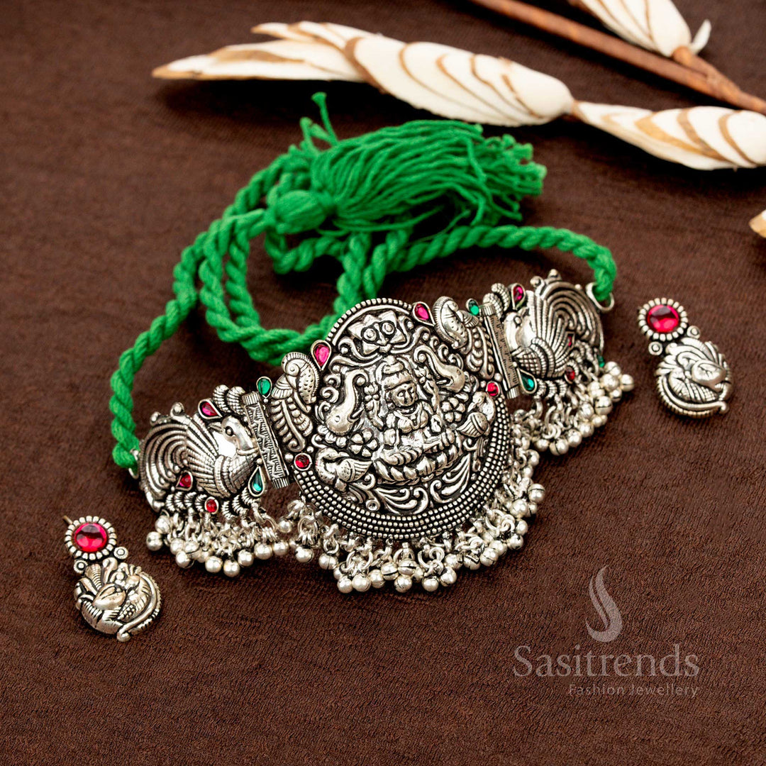 Intricate Kolapuri oxidised big choker jewellery set with Lakshmi motif