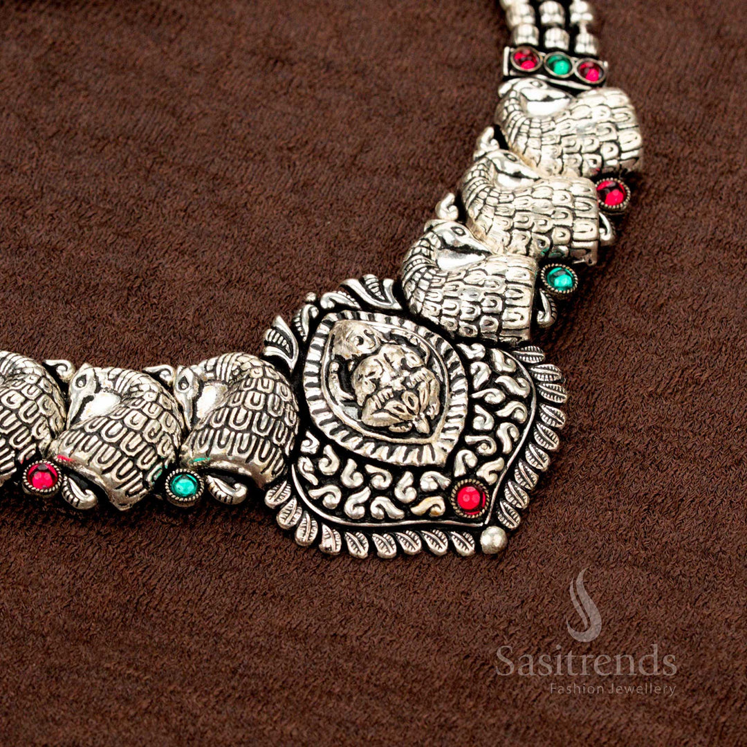 Antique finish Kolapuri peacock necklace with matching earrings for sarees - Sasitrends