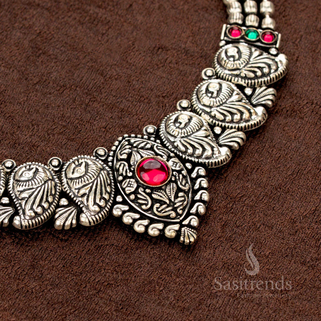 Triple-line ball chain Kolapuri set with matching peacock stud earrings - Sasitrends