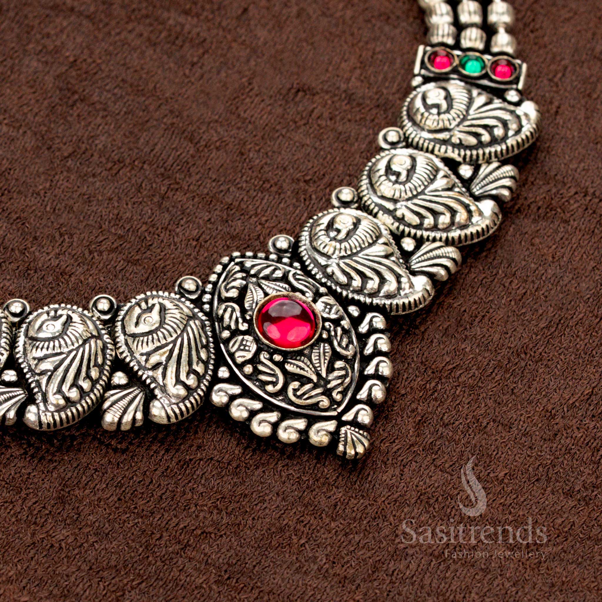 Triple-line ball chain Kolapuri set with matching peacock stud earrings - Sasitrends