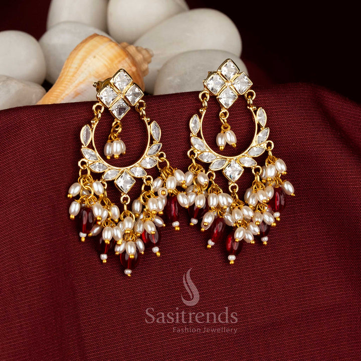 Kundan Polki AD Gold Plated Crescent Earrings with Pearls for Saree & Festive Styling
