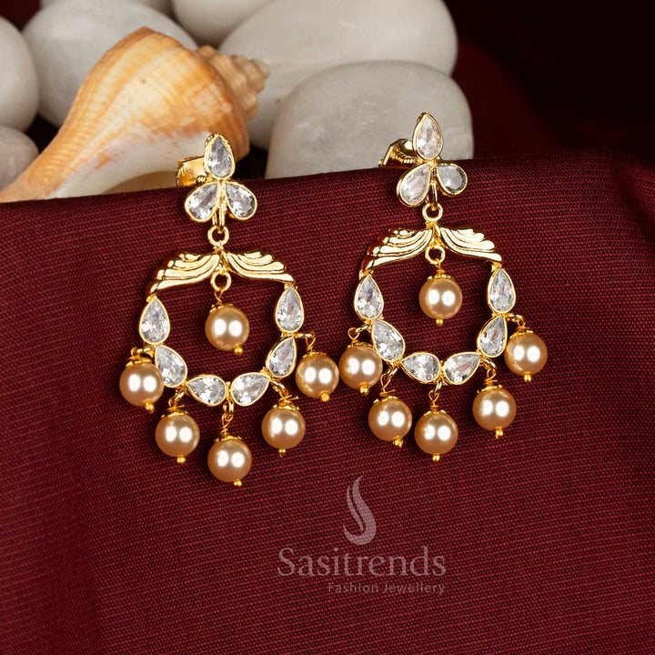Kundan Polki AD Three-Lobe Floral Crescent Earrings with Pearl Accents – Gold Plated