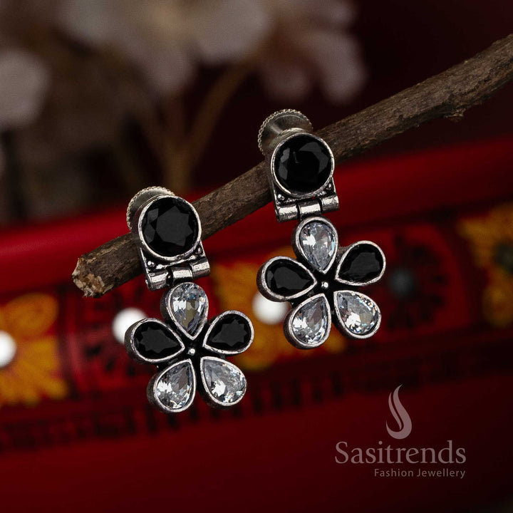 Latest Oxidised Black White Stone Stud Flower Designer Earrings Sasitrends Online Shopping
