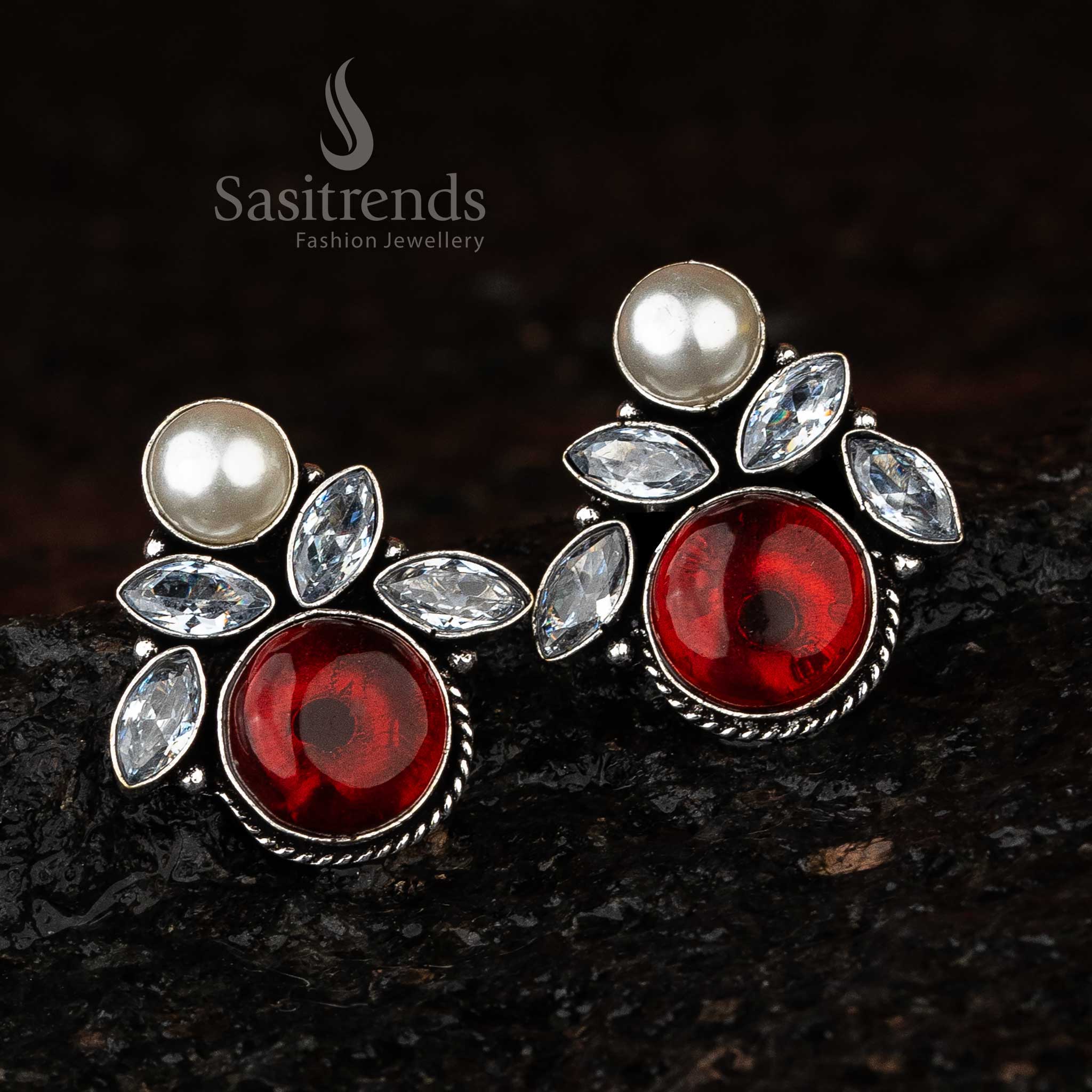 Vinous Monalisa Stone Oxidised Earrings, Ideal for Festive and Formal Gatherings