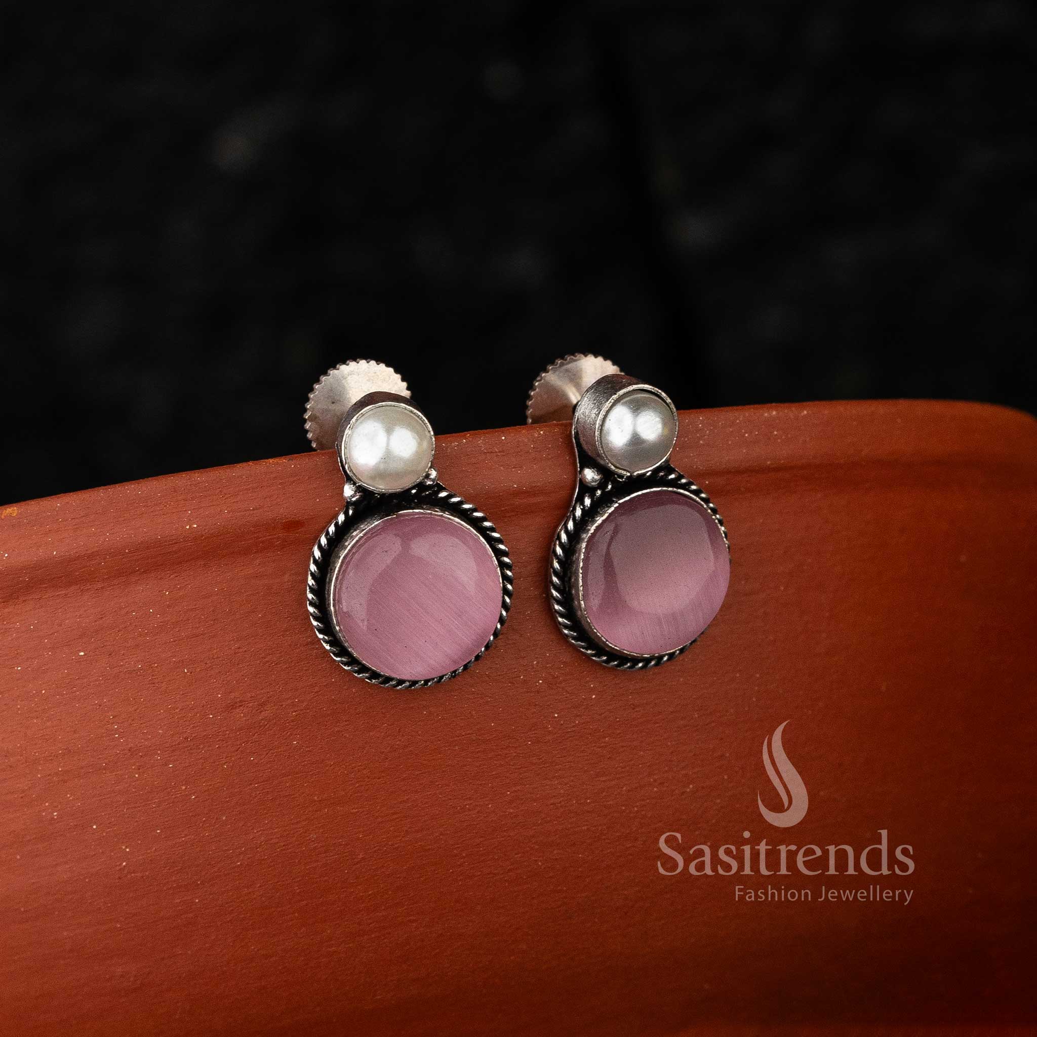 Navarathiri Oxidised Pink Monalisa Stone Jewellery Earrings