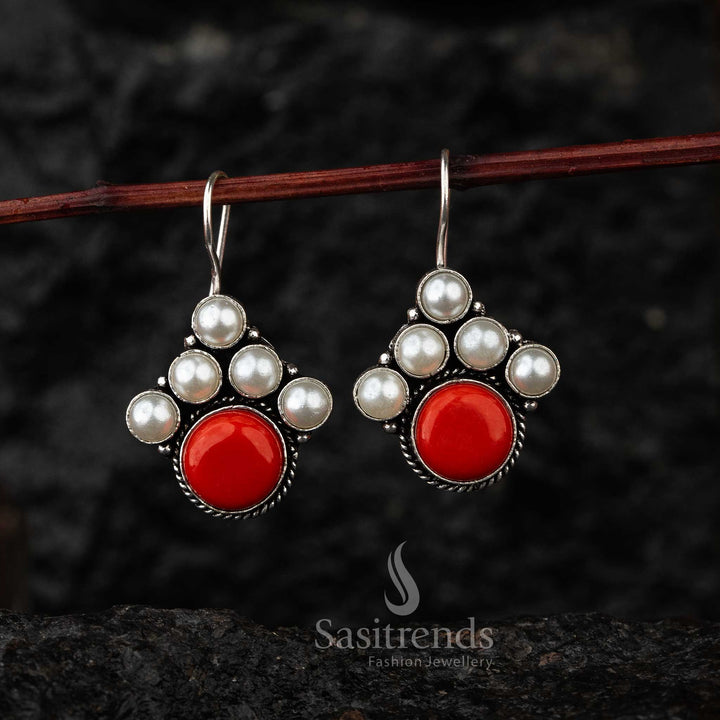 Latest Oxidised Jewellery Earrings with Red Monalisa Stone for Navarathiri