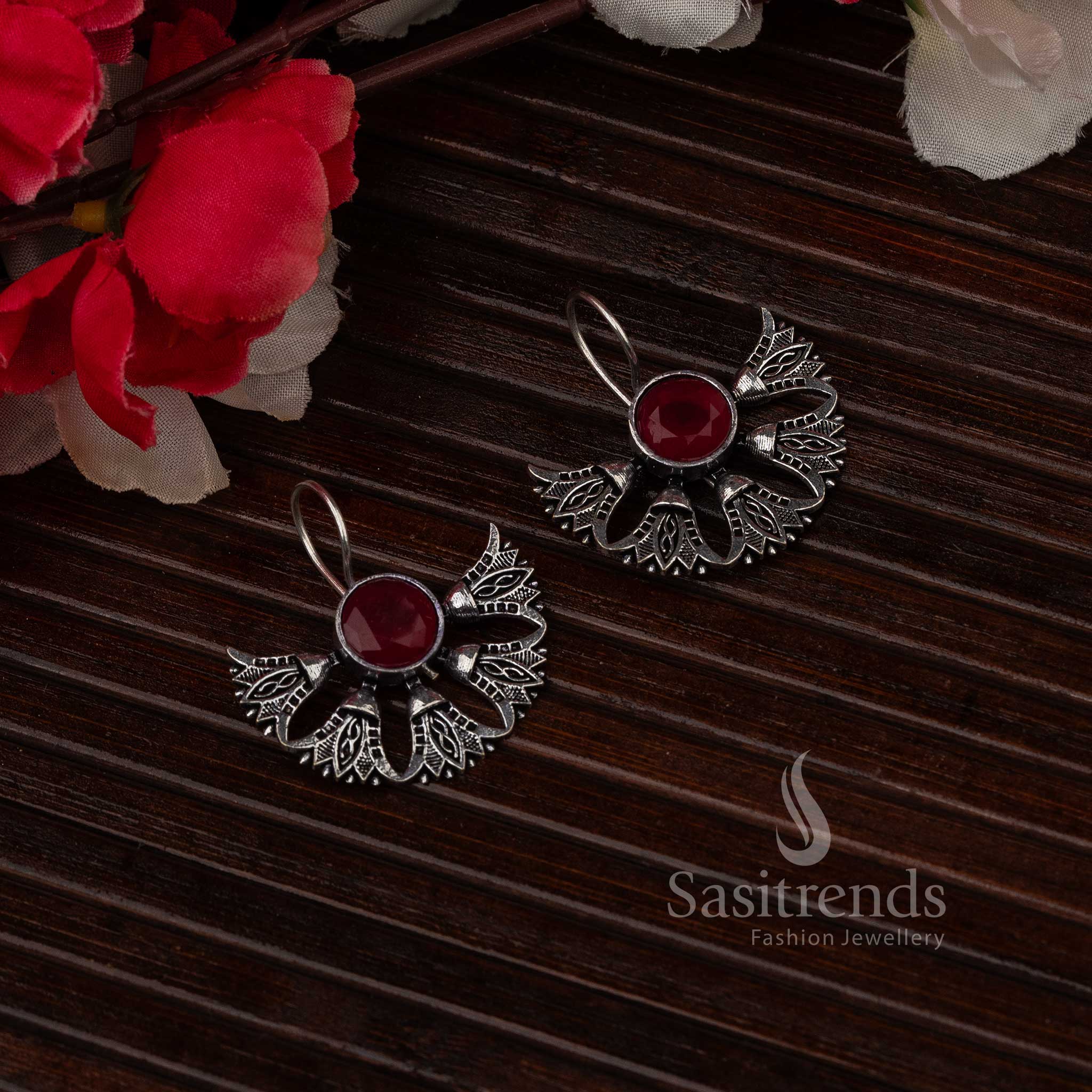 Navarathiri red stone oxidised earrings, elegant oxidised jewellery