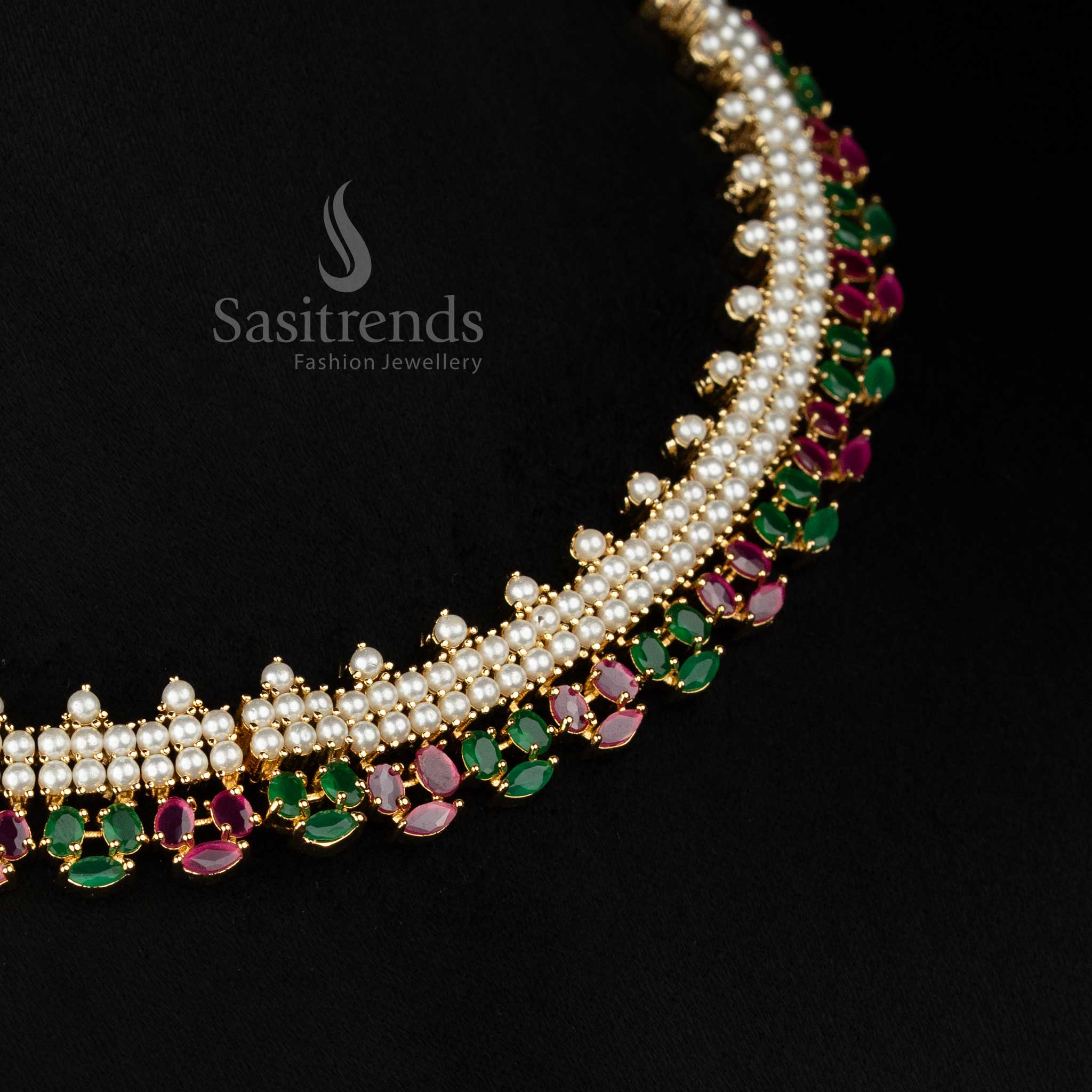 Festive engagement wear 24k micro gold plated american diamond layered pearl marquise motif ruby green necklace set by Sasitrends