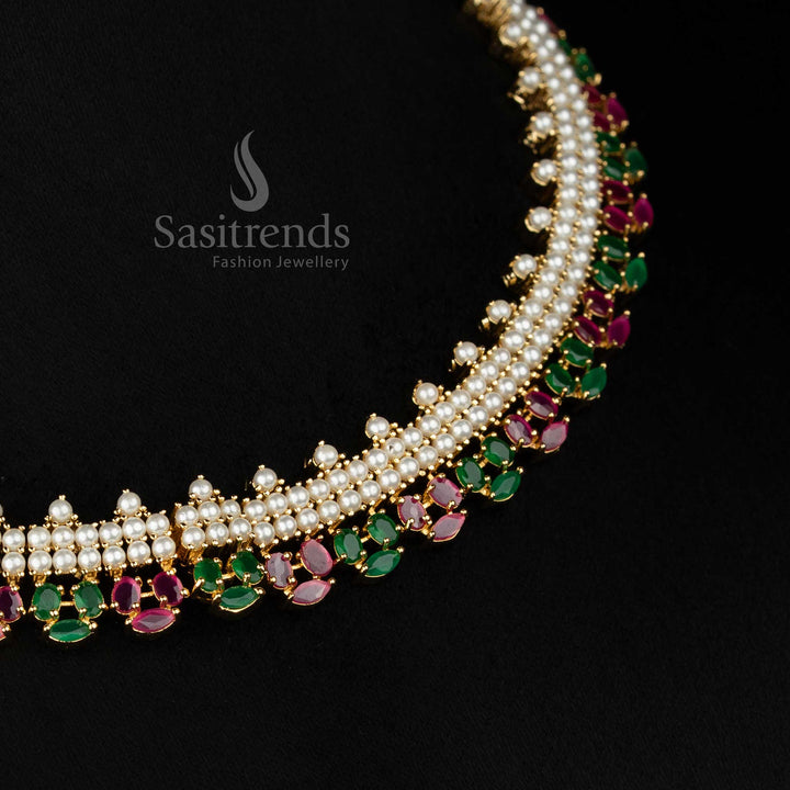 Festive engagement wear 24k micro gold plated american diamond layered pearl marquise motif ruby green necklace set by Sasitrends