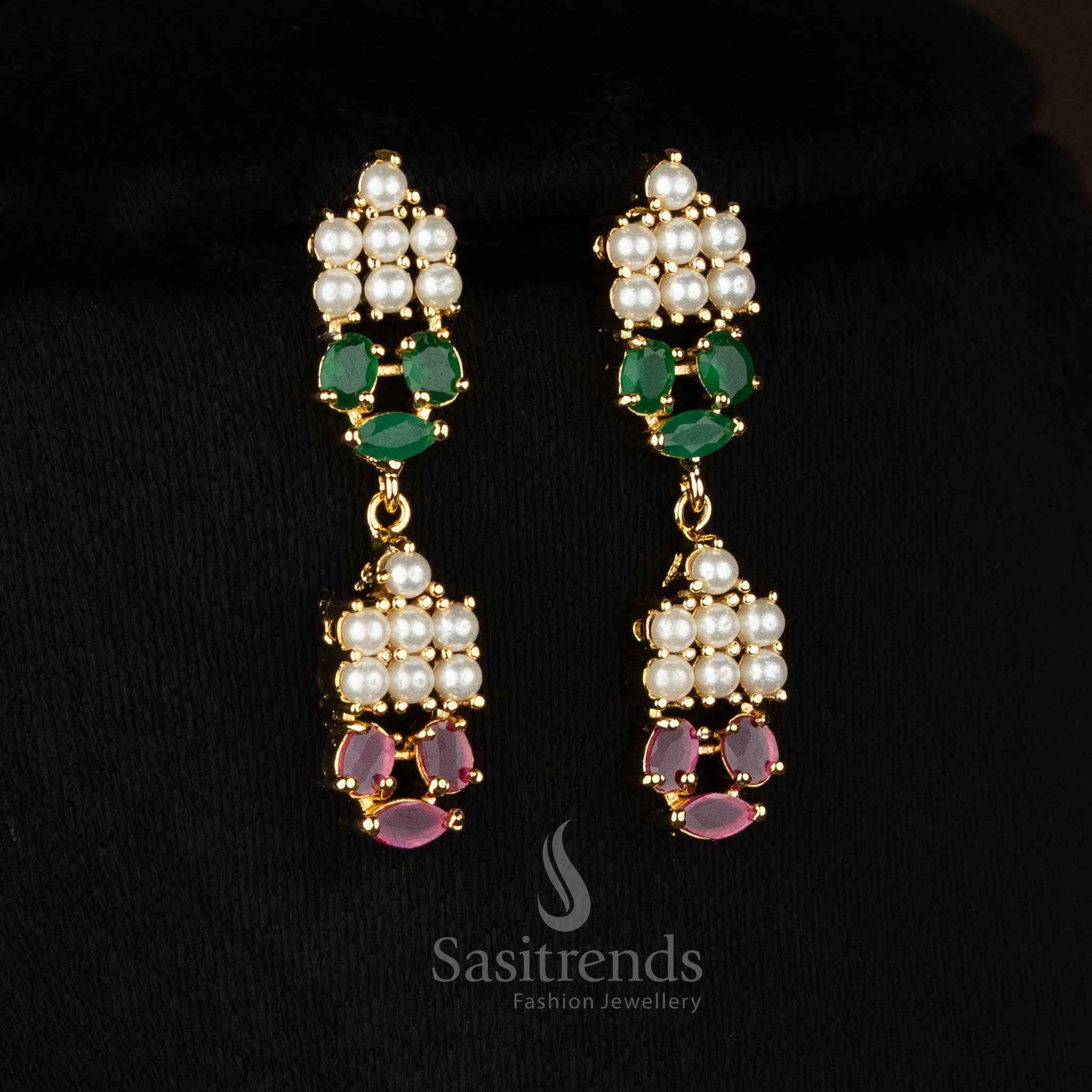 Real gold look alike one gram micro gold plated american diamond layered pearl marquise motif ruby green necklace set by Sasitrends