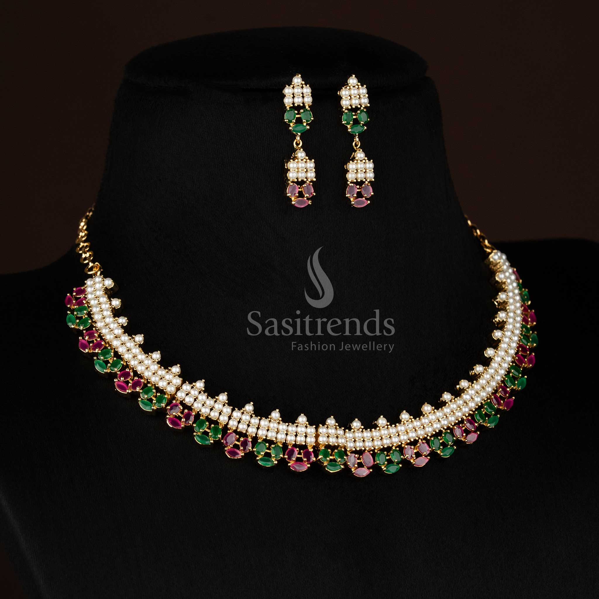 Guaranteed 24k micro gold plated american diamond layered pearl marquise motif ruby green necklace set by Sasitrends