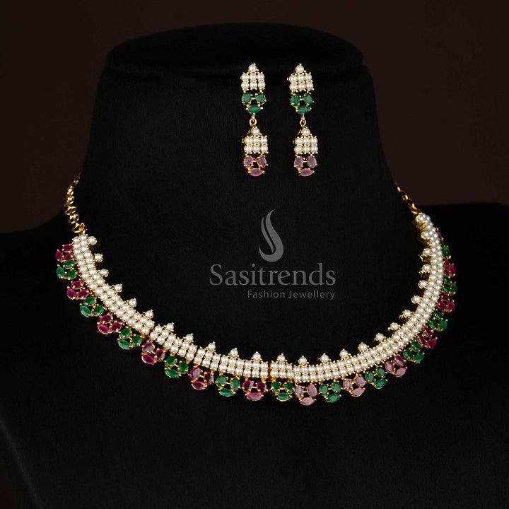 Guaranteed 24k micro gold plated american diamond layered pearl marquise motif ruby green necklace set by Sasitrends