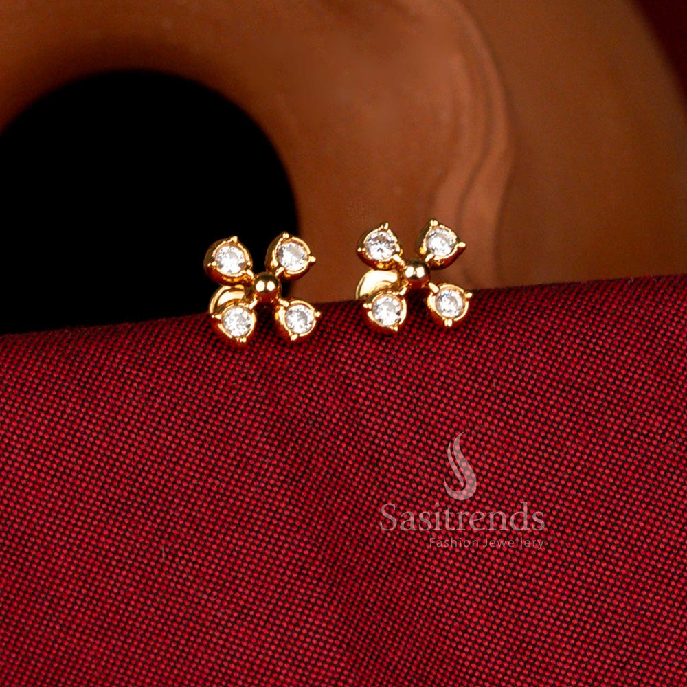 Radiant Premium Impon 24K micro gold plated four-petal cluster AD stone stud earrings in white sparkle perfect for weddings, festive occasions, and traditional celebrations – Sasitrends