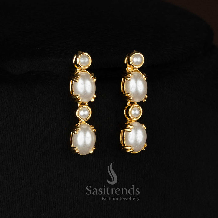 One gram micro gold plated american diamond pearl Round and Oval Teardrop motif ruby green necklace set by Sasitrends, Party wear