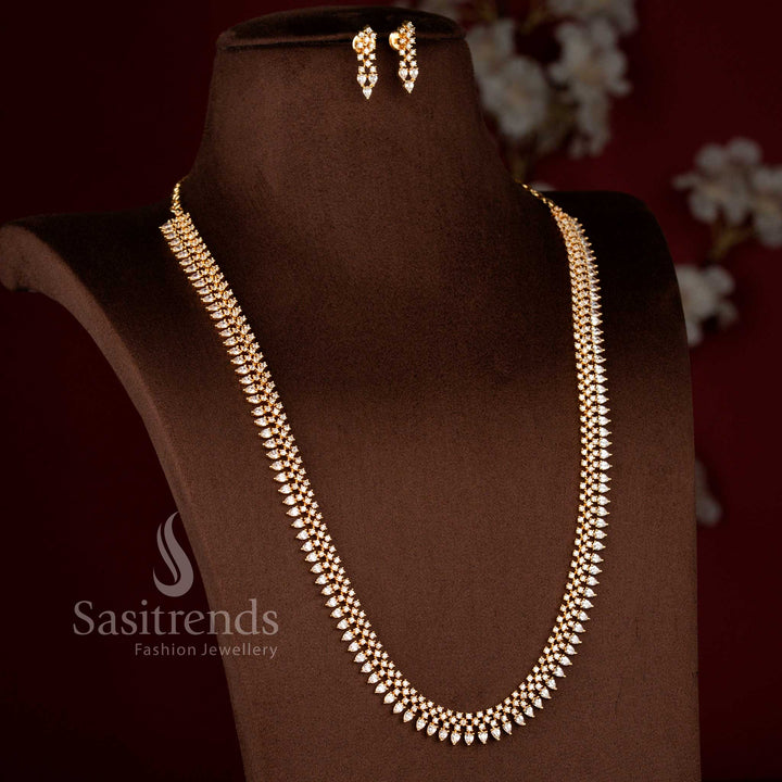 Luxurious white American Diamond 24K Micro Gold Plated Marquise Cut Teardrop Long Necklace Set for Celebratory Wear - Sasitrends