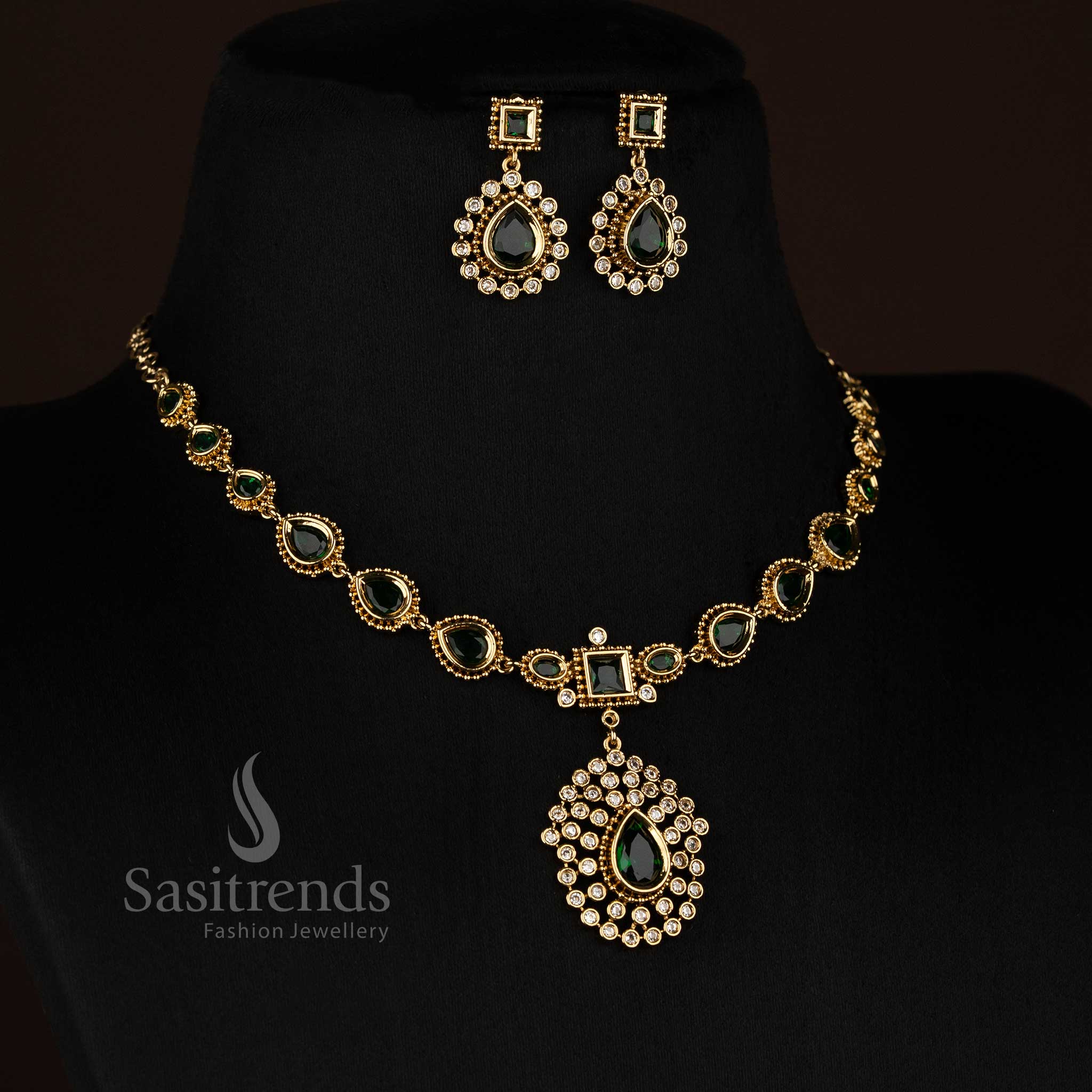 Premium rich look Victorian plated sparkling American diamond necklace set with teardrop pendant - Sasitrends
