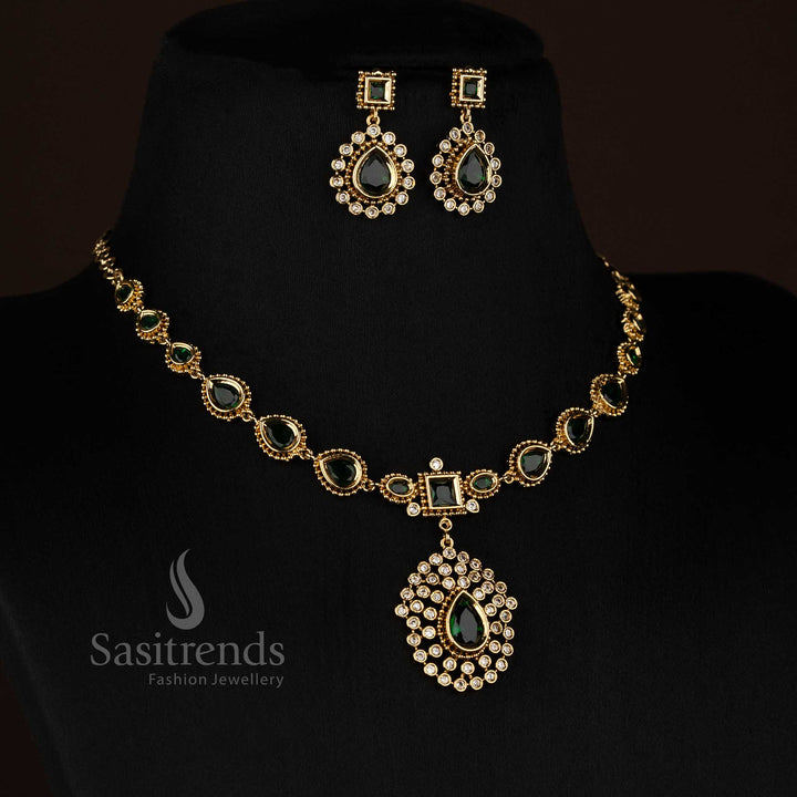 Premium rich look Victorian plated sparkling American diamond necklace set with teardrop pendant - Sasitrends