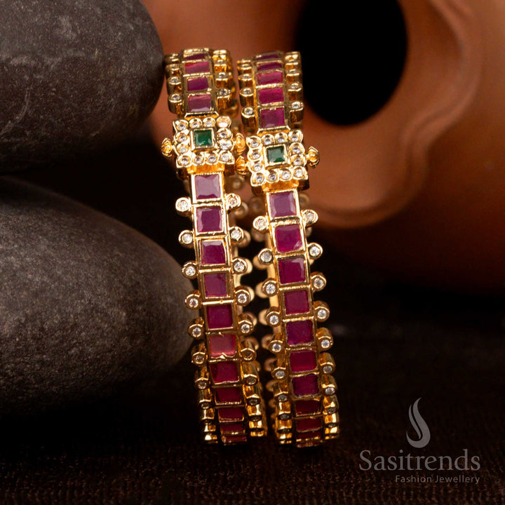 Elegant Guaranteed Micro Gold Plated American Diamond Square Design Bangles, perfect for weddings, parties, and celebration occasions – Set of 2 – Sasitrends