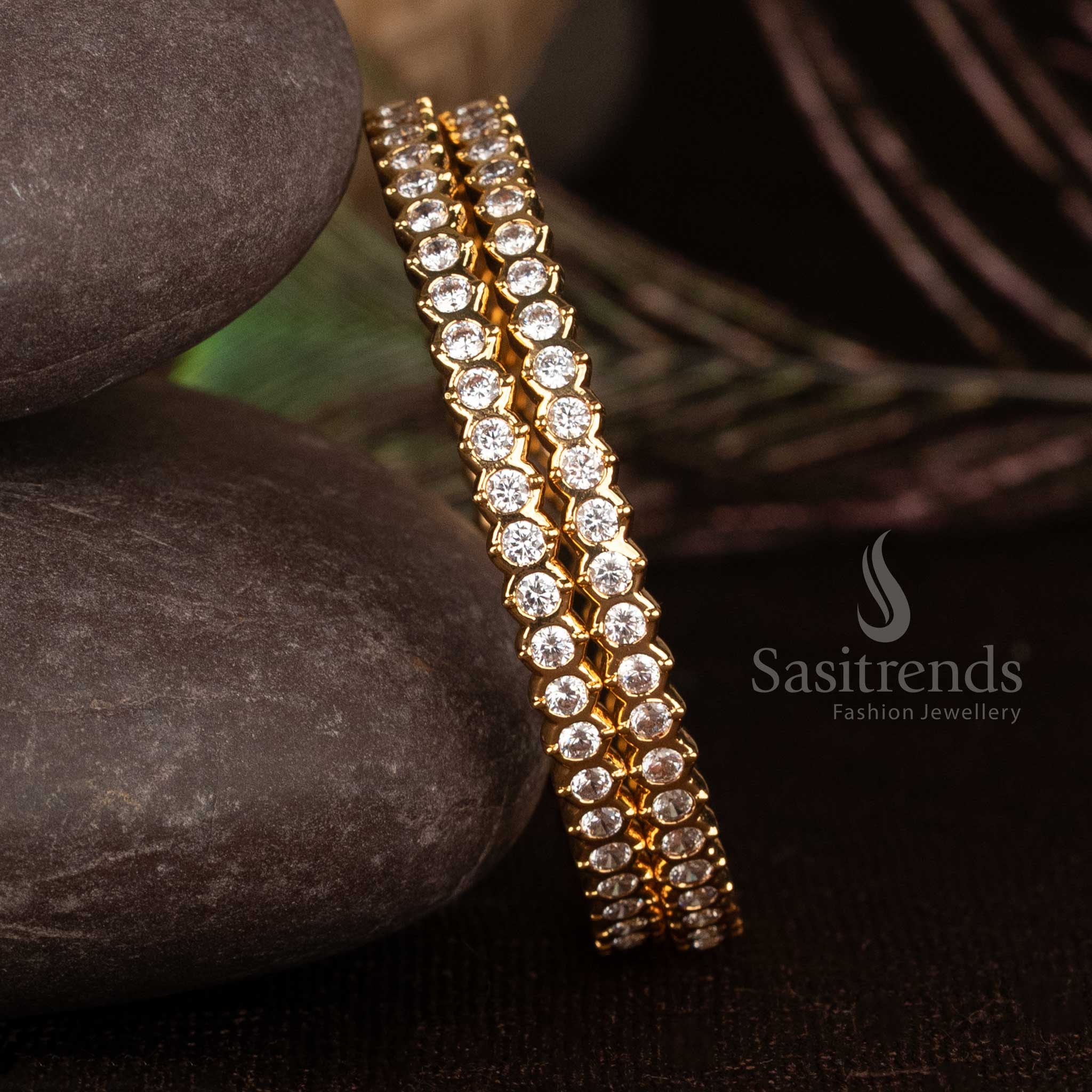 2.	Traditional Micro Gold Plated AD Bangles Pair with 24-Carat Pure Gold Look – Sasitrends