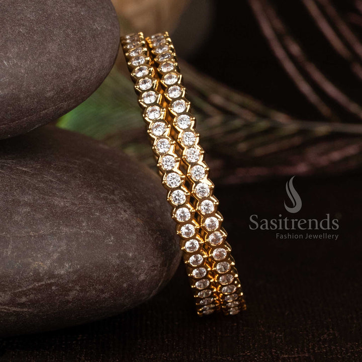 Elegant Impon Micro Gold Plated American Diamond Stone Studded Bangles Set of 2 for Festive Wear