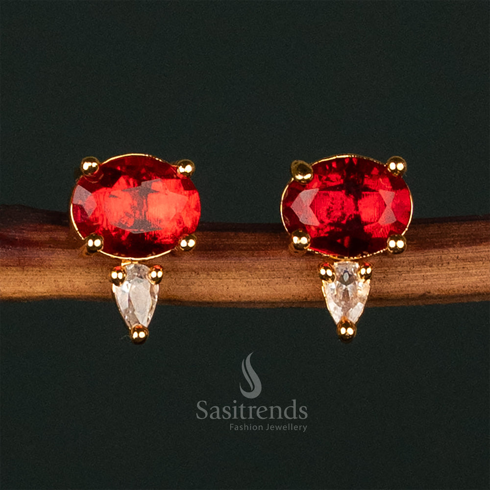 Stunning Gold-Plated American Diamond Stud Earrings with Oval and Pear Shapes in White and Ruby Stones - Sasitrends
