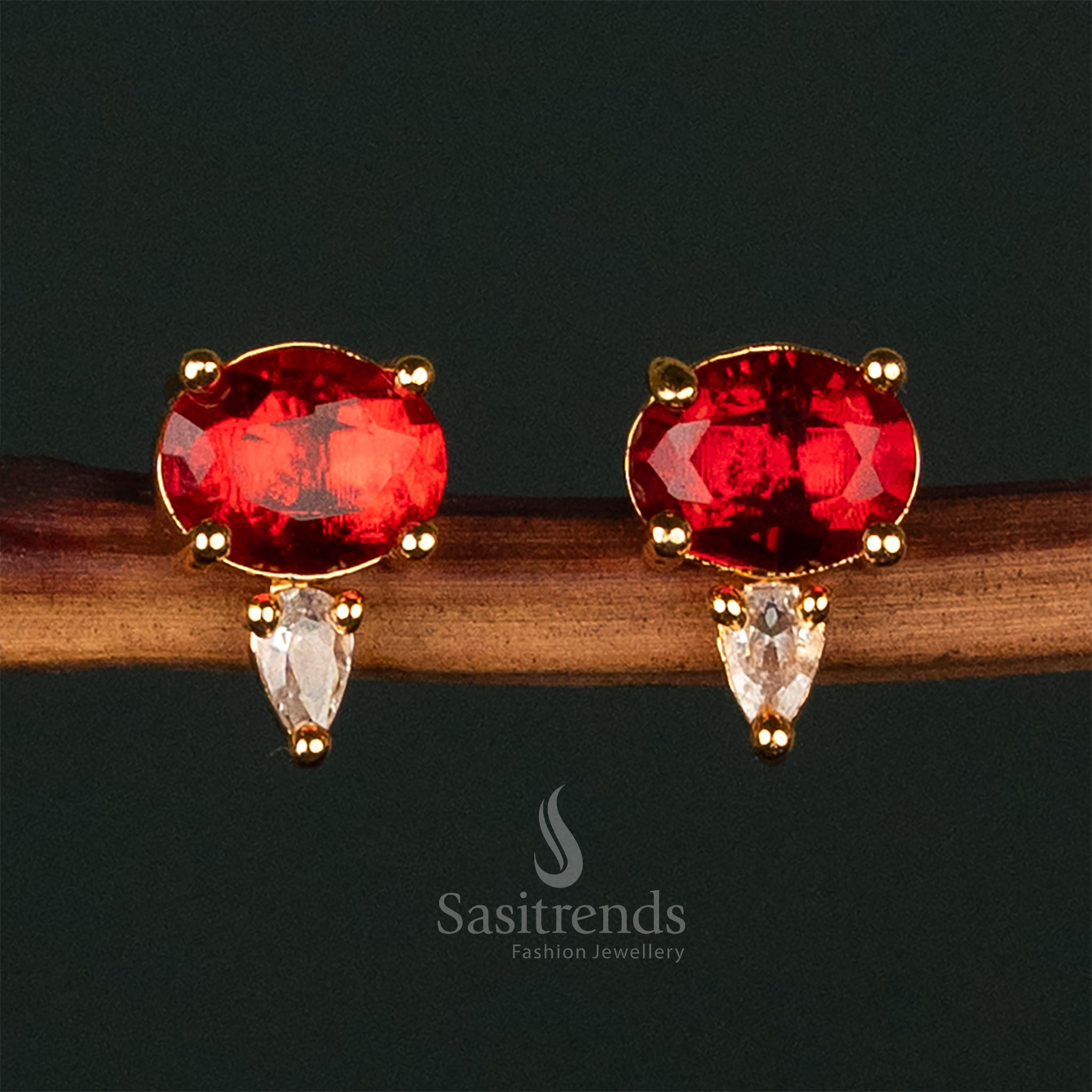 Stunning Gold-Plated American Diamond Stud Earrings with Oval and Pear Shapes in White and Ruby Stones - Sasitrends