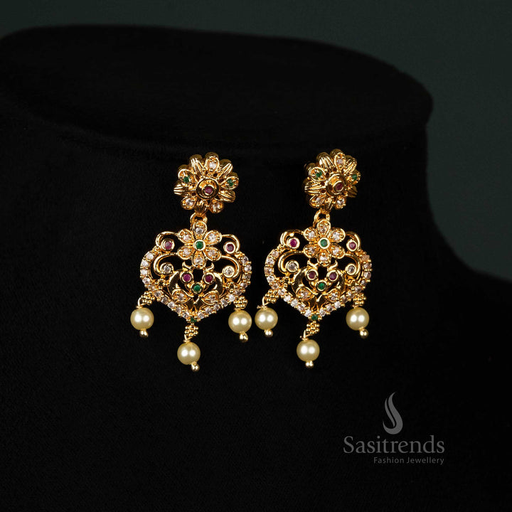 Elegant American Diamond jewellery set with micro gold plated finish, floral-inspired chain, and peacock pendant, look like real gold - Sasitrends