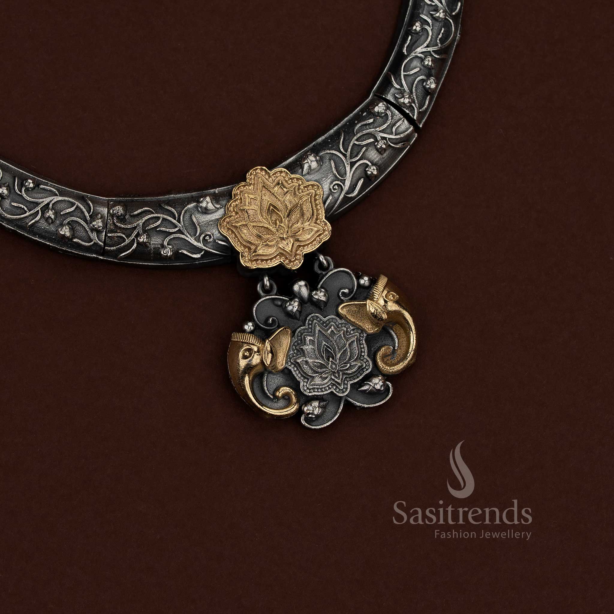 Majestic 92.5 Dual Tone Silver Oxidised Plated Lotus Pendant Choker Husli Necklace Set with Elephant Motifs for Navaratri & Ethnic Styling - Sasitrends