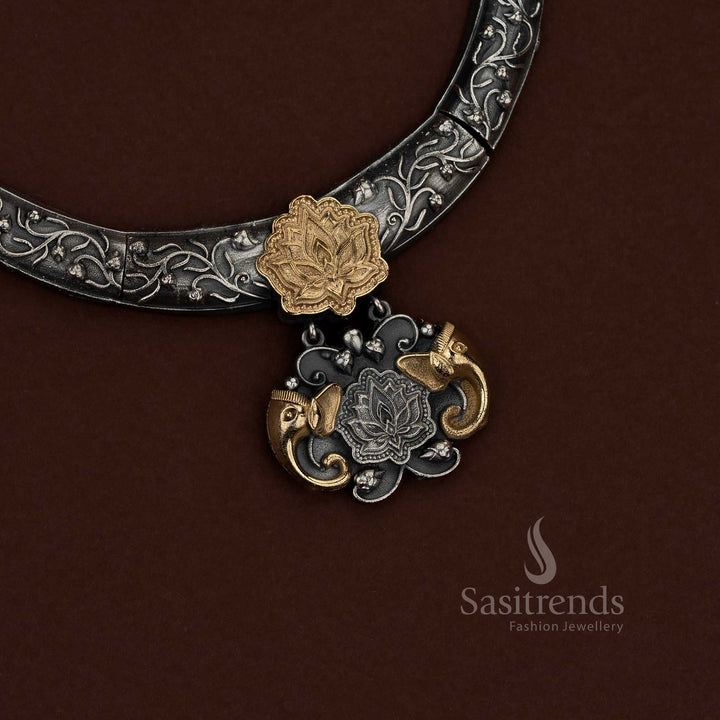 Majestic 92.5 Dual Tone Silver Oxidised Plated Lotus Pendant Choker Husli Necklace Set with Elephant Motifs for Navaratri & Ethnic Styling - Sasitrends