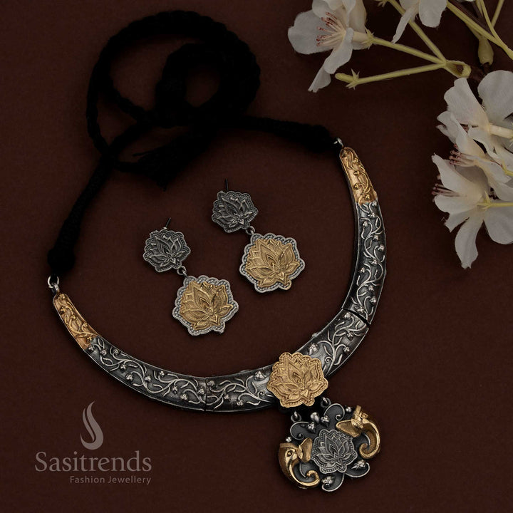 Majestic 92.5 dual tone silver oxidised lotus pendant husli choker necklace set – Sasitrends