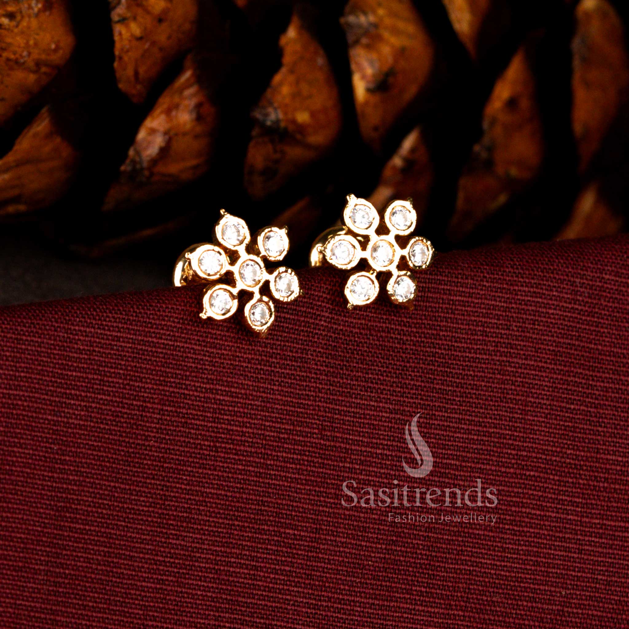 Majestic Impon Addigai Micro Gold Plated Round white AD Stone Flower Design Stud Earrings for Festive & Bridal Wear - Sasitrends