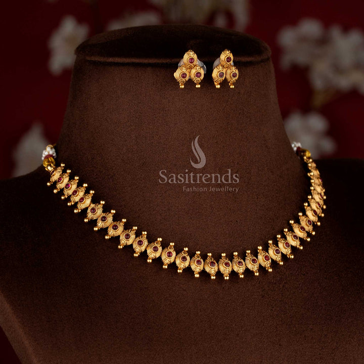 Luxurious classic matte gold plated ruby stone festive heritage necklace set with matching jhumka earrings – Sasitrends